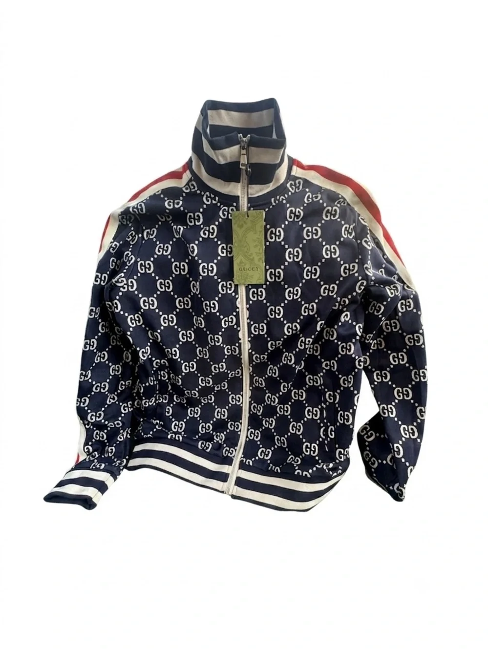 Gucci NWT GG Monogram Track Suit with Red Stripes Jacquard Caspian Navy Blue XL